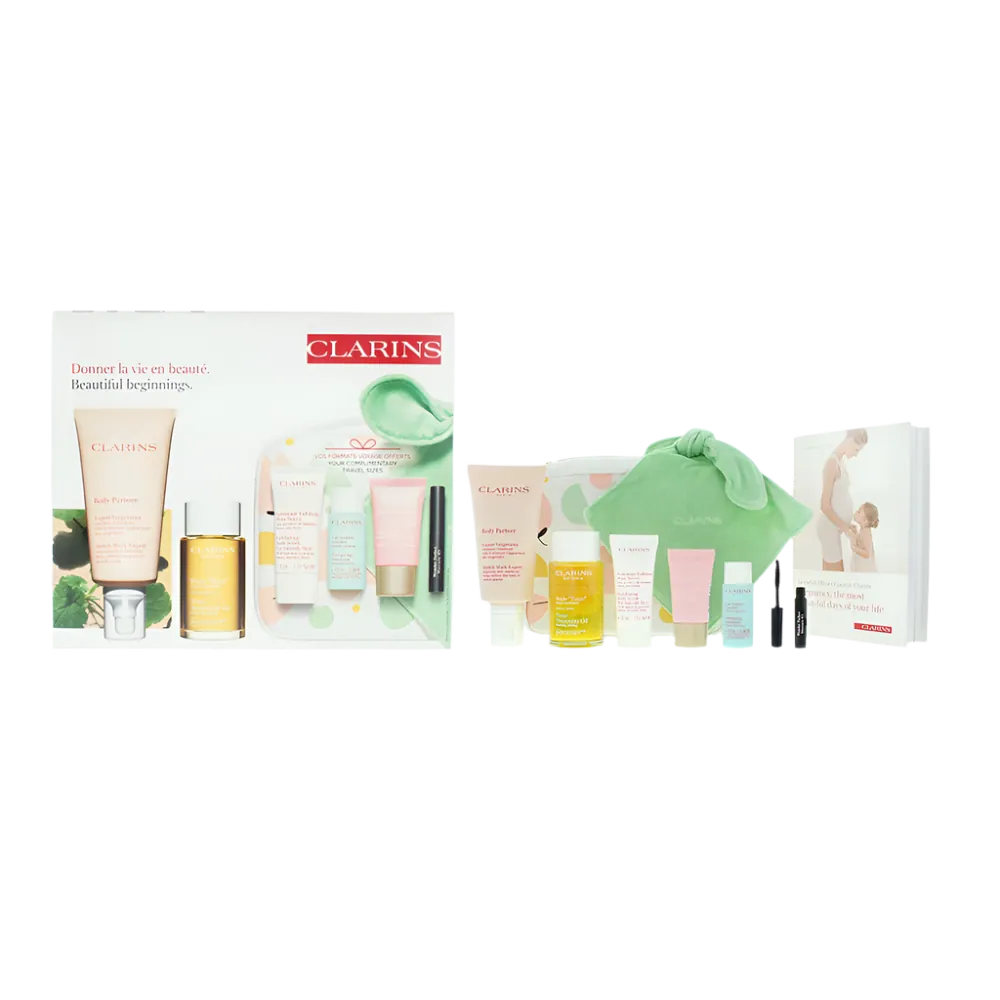 Clarins Beautiful Beginnings Marternity 5 Piece Gift Set: Body Oil 100ml - Body Scrub 30ml - Day Cream 15ml - Legs Emulsion 30ml - Mascara 3ml - Body