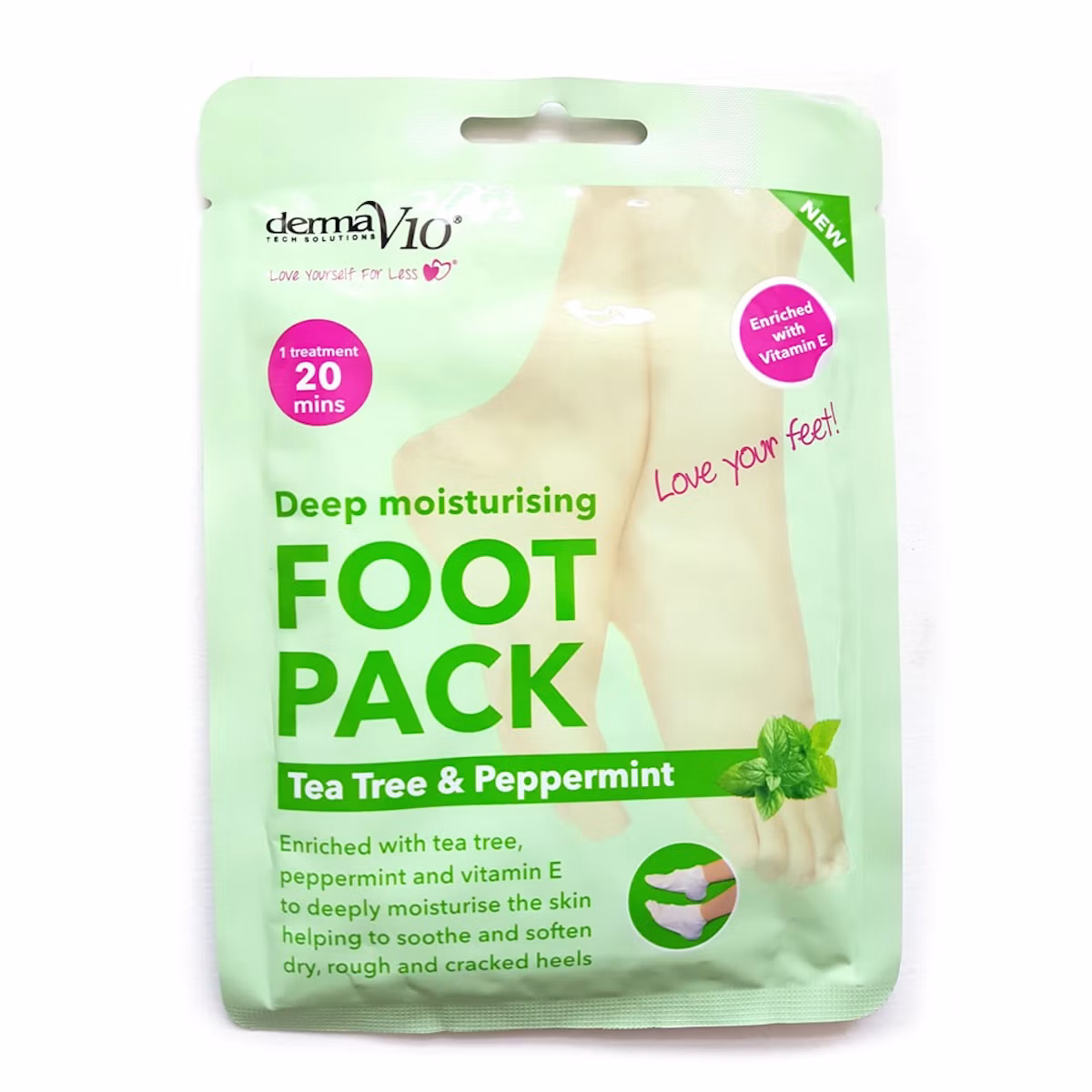 DermaV10 Deep Moisturising Foot Pack Tea Tree & Peppermint 1 pair