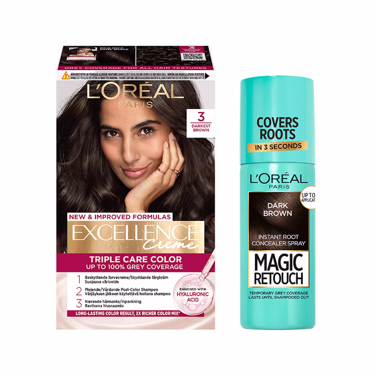 L'Oréal Paris Excellence Creme Hair Color 3 Natural Darkest Brown & Magic Retouch Dark Brown Instant Root Concealer Spray 1 pcs + 75 ml