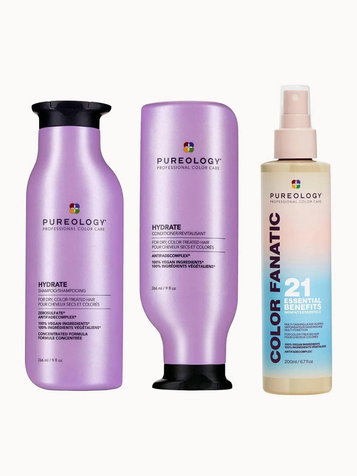 Pureology Hydrate Shampoo, Conditioner and Color Fanatic Multi-Benefit Leave-in, Moisturising Bundle for Dry Hair